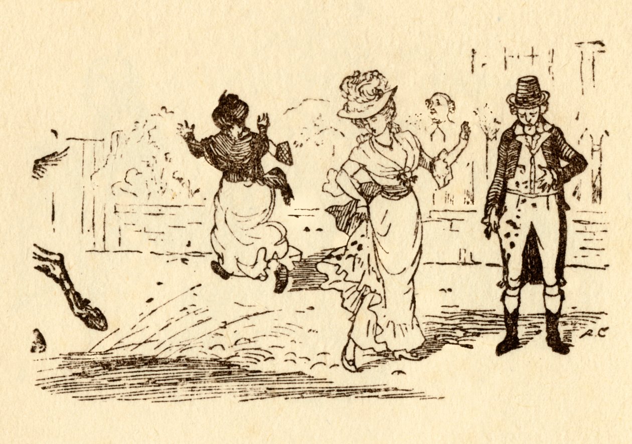 El caballo de John Gilpin salpica barro en el vestido de una mujer, 1878, c1918 de Randolph Caldecott