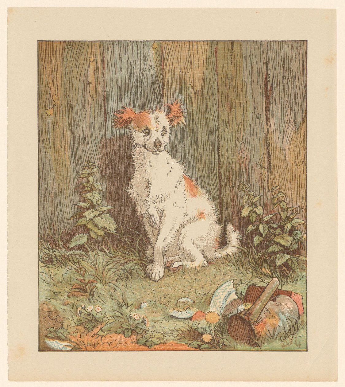 Perro pequeño sentado junto a una valla de Randolph Caldecott
