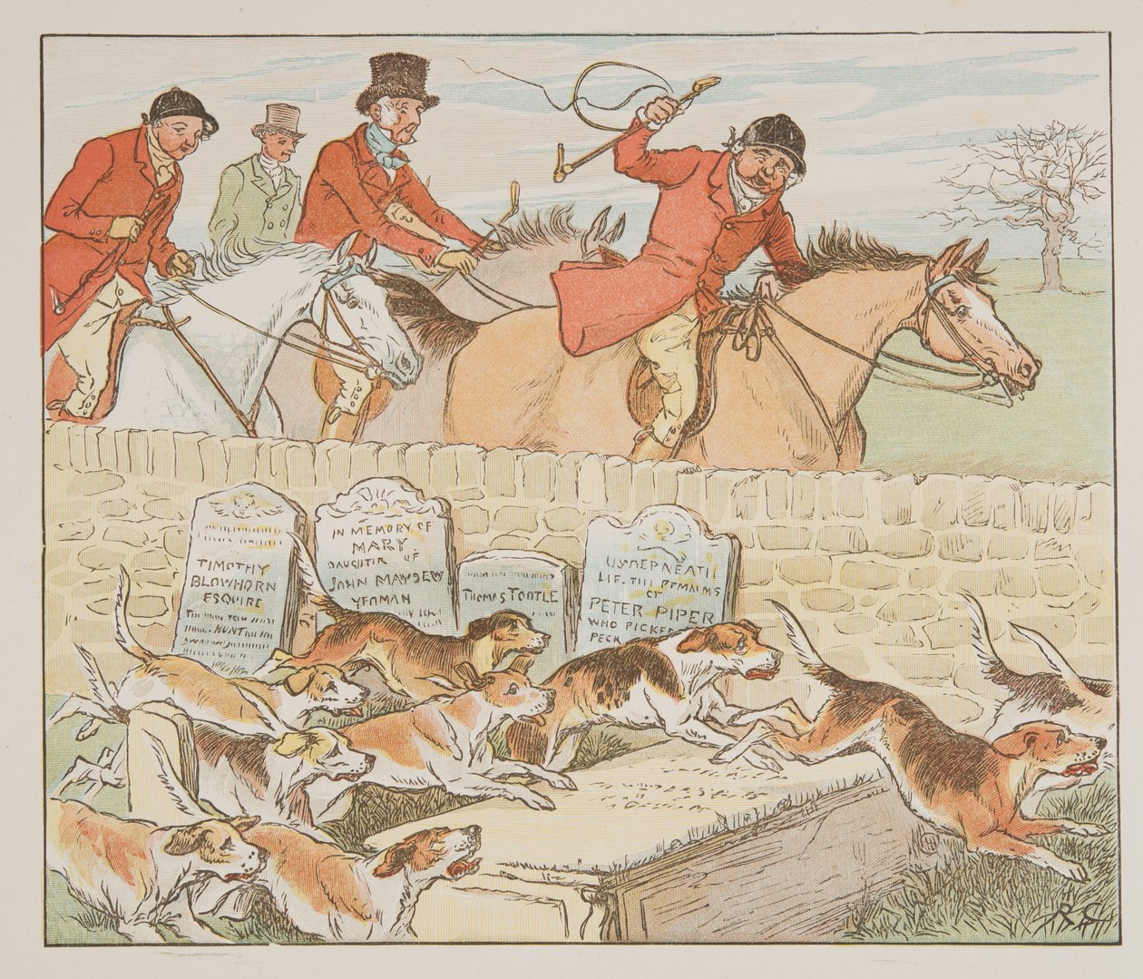 Ahora el párroco tenía una pareja para casar cuando los sabuesos aparecieron, de The Hey Diddle Diddle Picture Book, pub.1882 de Randolph Caldecott