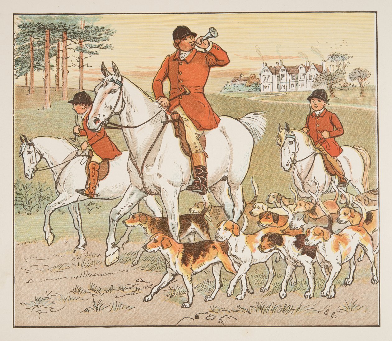 El cazador toca su cuerno, de The Hey Diddle Diddle Picture Book, pub.1882 de Randolph Caldecott