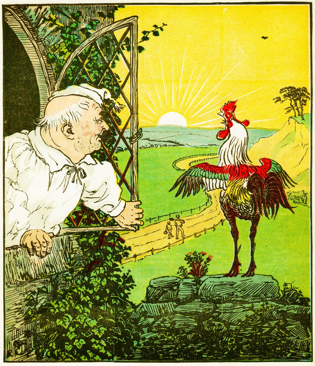 "Este es el gallo que cantó en la mañana, que despertó al juez todo afeitado y recortado", ilustración de La casa que Jack construyó de Randolph Caldecott