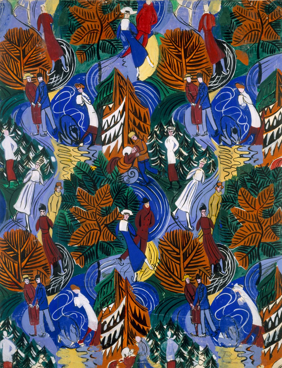Patinadores sobre hielo, diseño para seda estampada, c.1914-20 (litografía en color) de Raoul Dufy