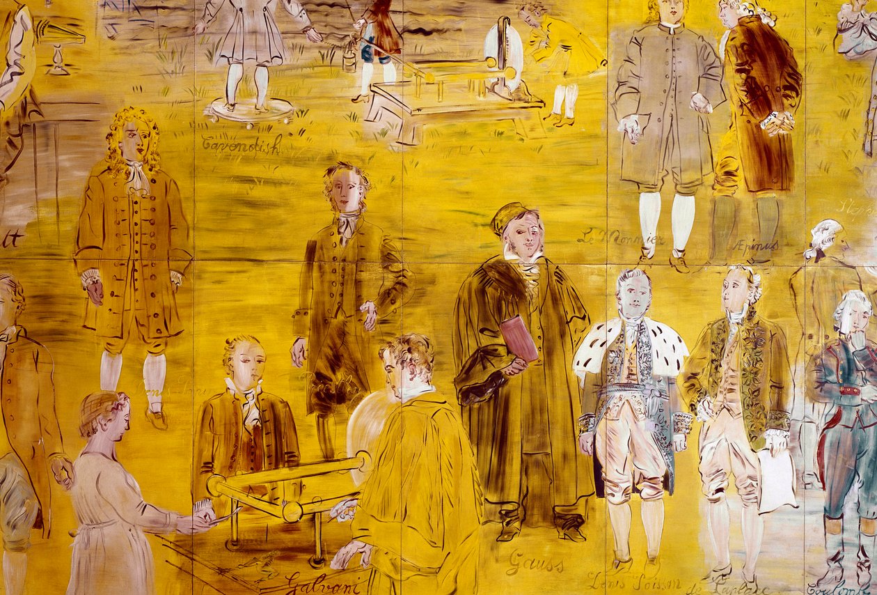 La Fee Electricite, detalle: Retratos de diferentes científicos: Henry Cavendish, Le Monnier, Franz Aepinus, Denis Papin, Joseph Priestley, Luigi Galvani, Carl Friedrich Gauss, Simeon-Denis Poisson, Pierre Simon de Laplace y Charles de Coulomb. 1937 (pintu de Raoul Dufy