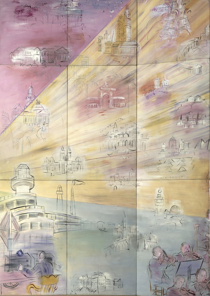 La Fee Electricite, detalle de la parte izquierda que representa varias ciudades de Raoul Dufy
