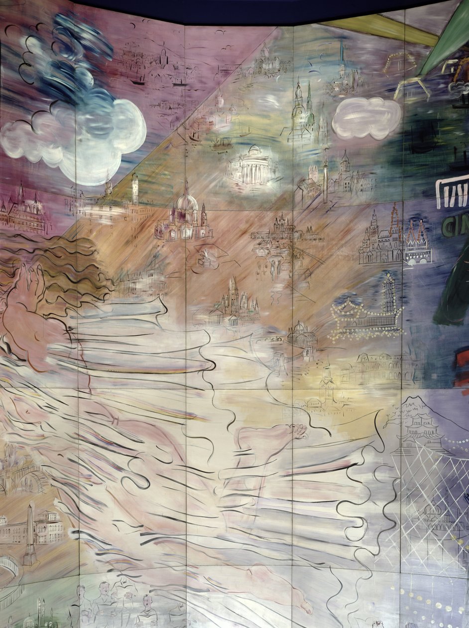 La Fee Electricite, detalle de la parte izquierda que representa varias ciudades de Raoul Dufy