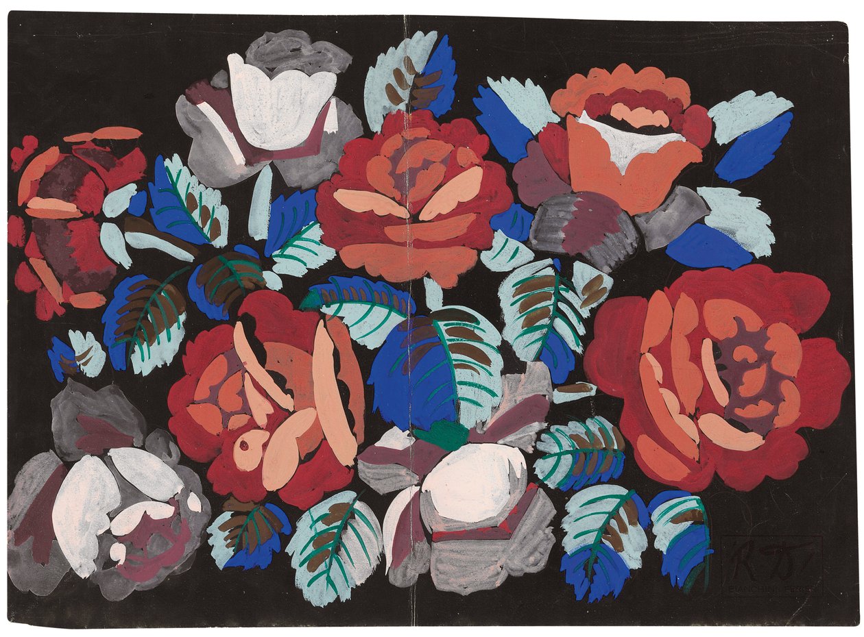 Rosas rojas y rosas (gouache sobre papel negro imprimado) de Raoul Dufy