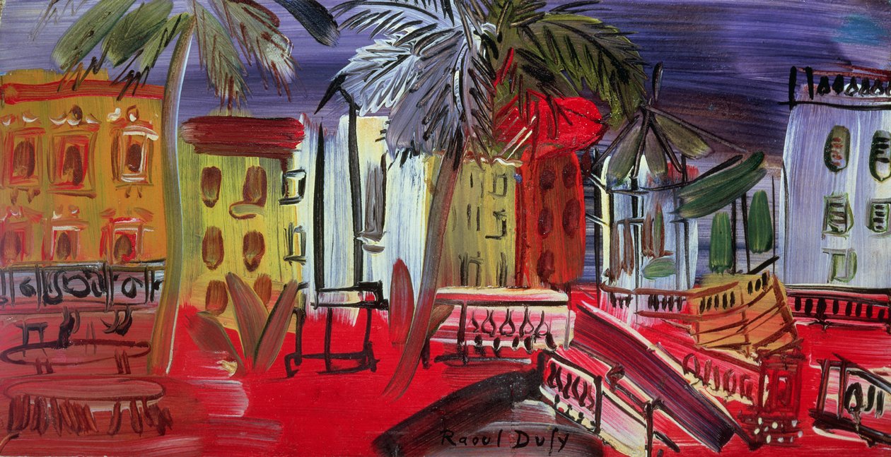 El quiosco de música en la plaza, Hyeres, c.1938 (panel) de Raoul Dufy