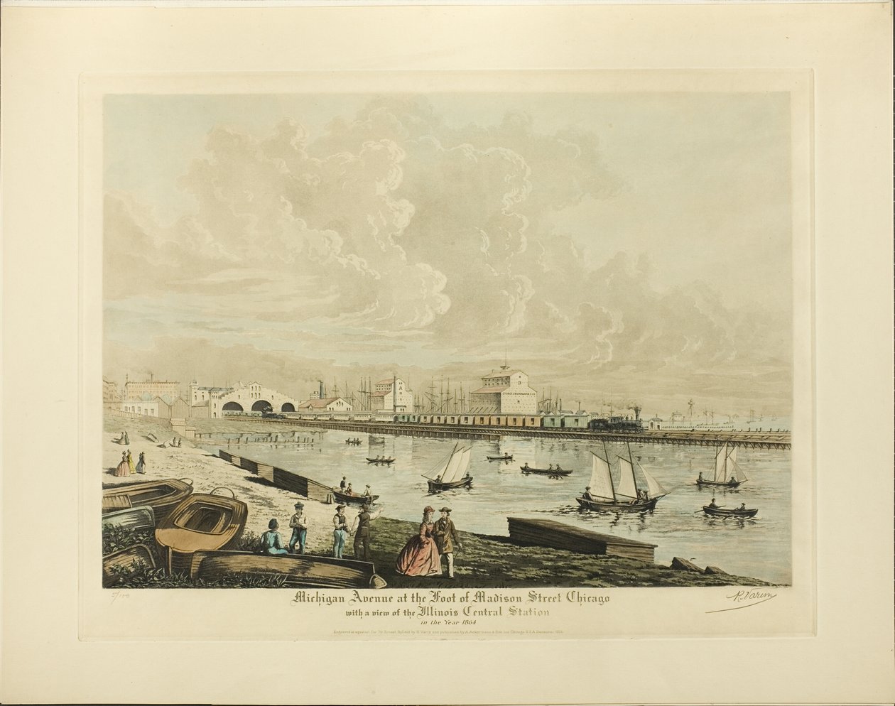 Avenida Michigan al pie de la calle Madison, Chicago, con vista de la estación central de Illinois en el año 1864 de Raoul Varin