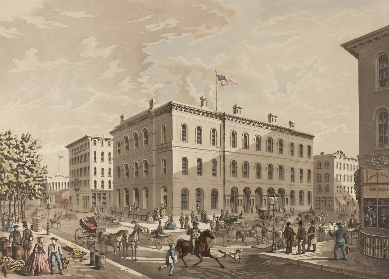 Esquina noroeste de las calles Dearborn y Monroe, Chicago, mostrando el edificio de la oficina de correos en el año 1865 de Raoul Varin