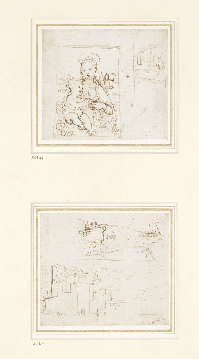 Boceto de paisaje con un breve estudio de la cabeza de la Virgen María girada a la izquierda, 1500-1504 de Raffaello Sanzio Raphael