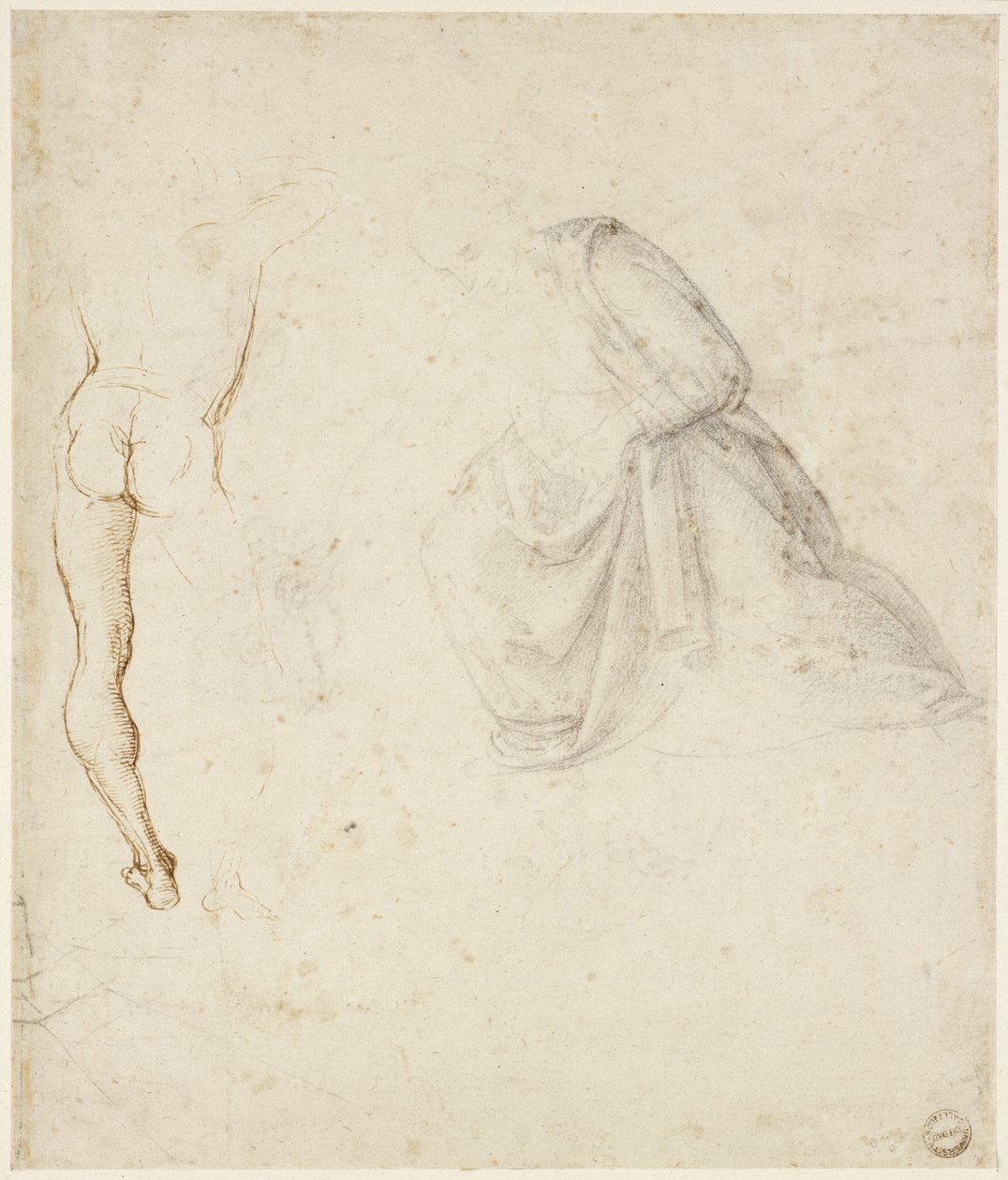Vista trasera de un hombre de pie, después de Signorelli; el drapeado de una figura arrodillada de Raffaello Sanzio Raphael