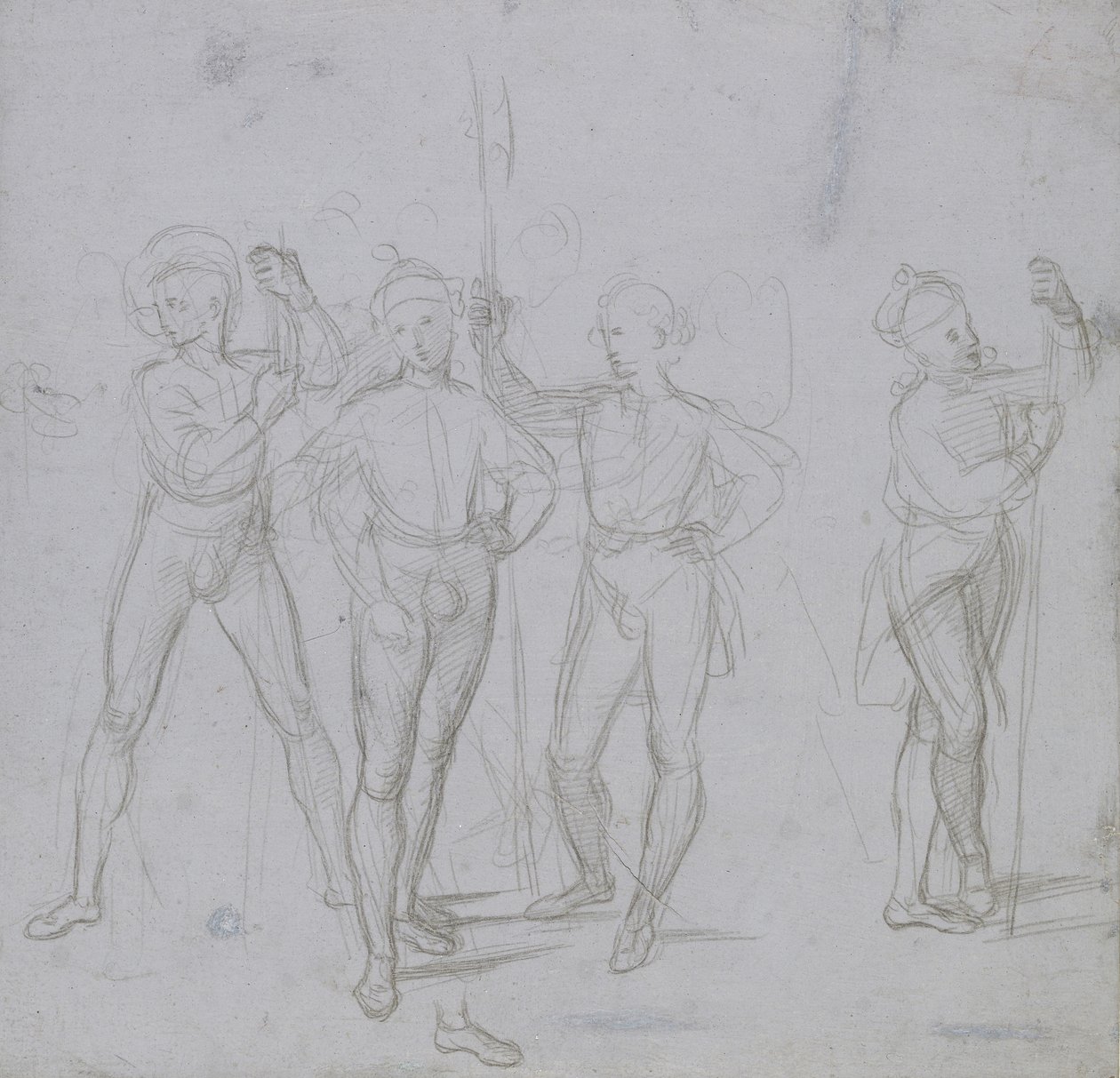 Recto: Grupo de cuatro soldados de pie de Raffaello Sanzio Raphael