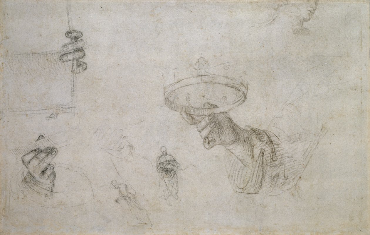 Recto: Mano sosteniendo una corona y otros estudios para la coronación de San Nicolás de Tolentino, WA1846.148 de Raffaello Sanzio Raphael