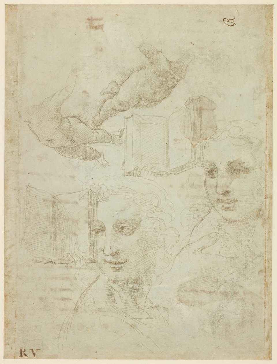 Recto: Dos cabezas y otros estudios. Verso: Borrador del soneto "Come non podde dir", WA1846.188 de Raffaello Sanzio Raphael