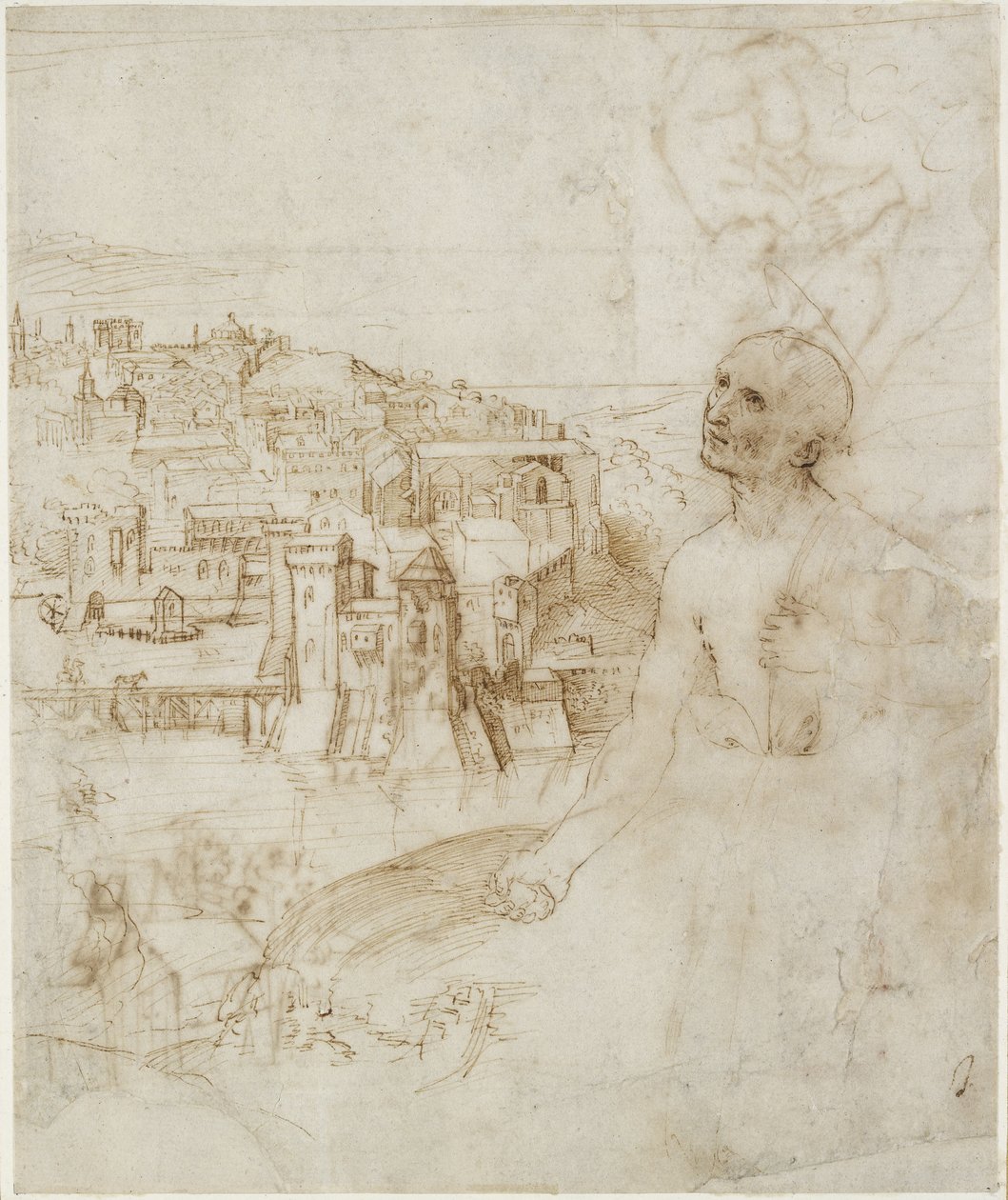 Recto: Vista de la ciudad de Perugia, con San Jerónimo penitente en primer plano de Raffaello Sanzio Raphael