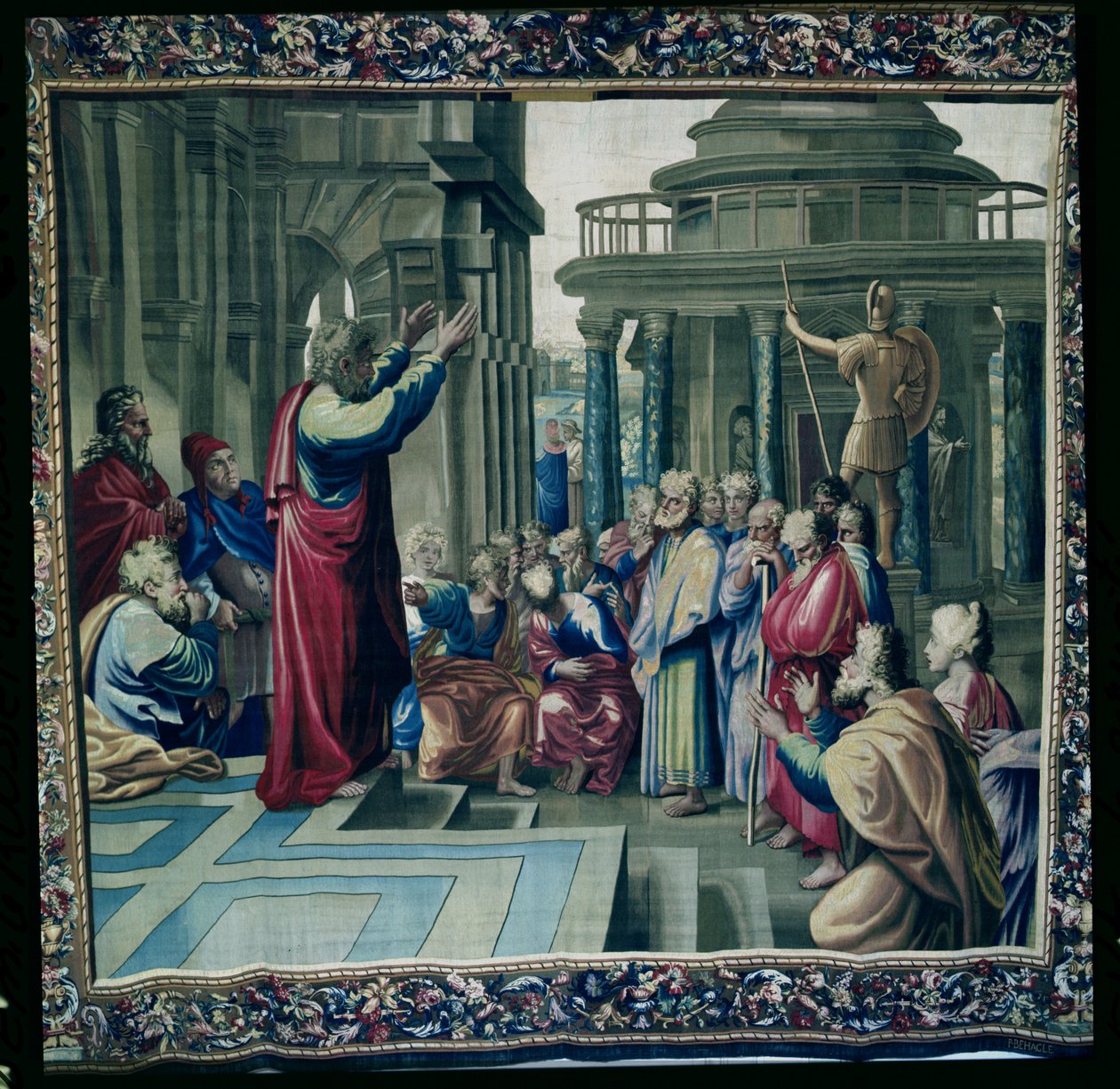 San Pablo predicando en el Areópago, de una serie que representa los Hechos de los Apóstoles, tejido en el Taller de Beauvais bajo la dirección de Philippe Behagle (1641-1705) 1695-98 de Raffaello Sanzio Raphael
