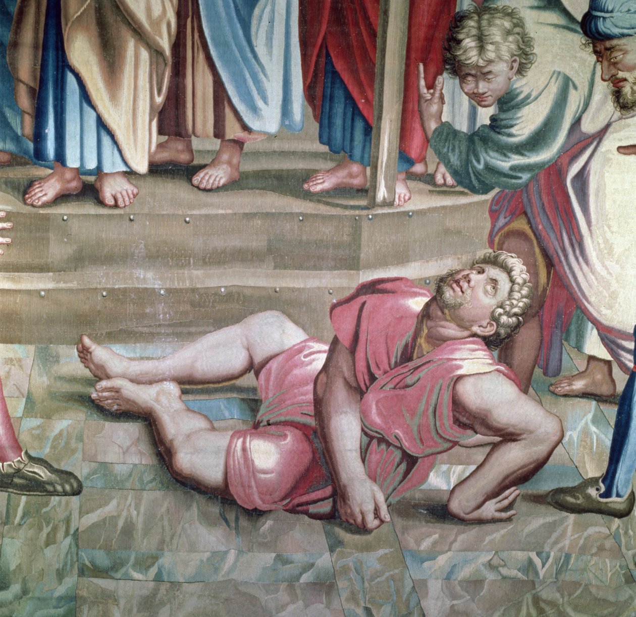 Tapiz que representa los Hechos de los Apóstoles, la Muerte de Ananías (detalle) de Ananías muriendo, tejido en el Taller de Beauvais bajo la dirección de Philippe Behagle de Raffaello Sanzio Raphael