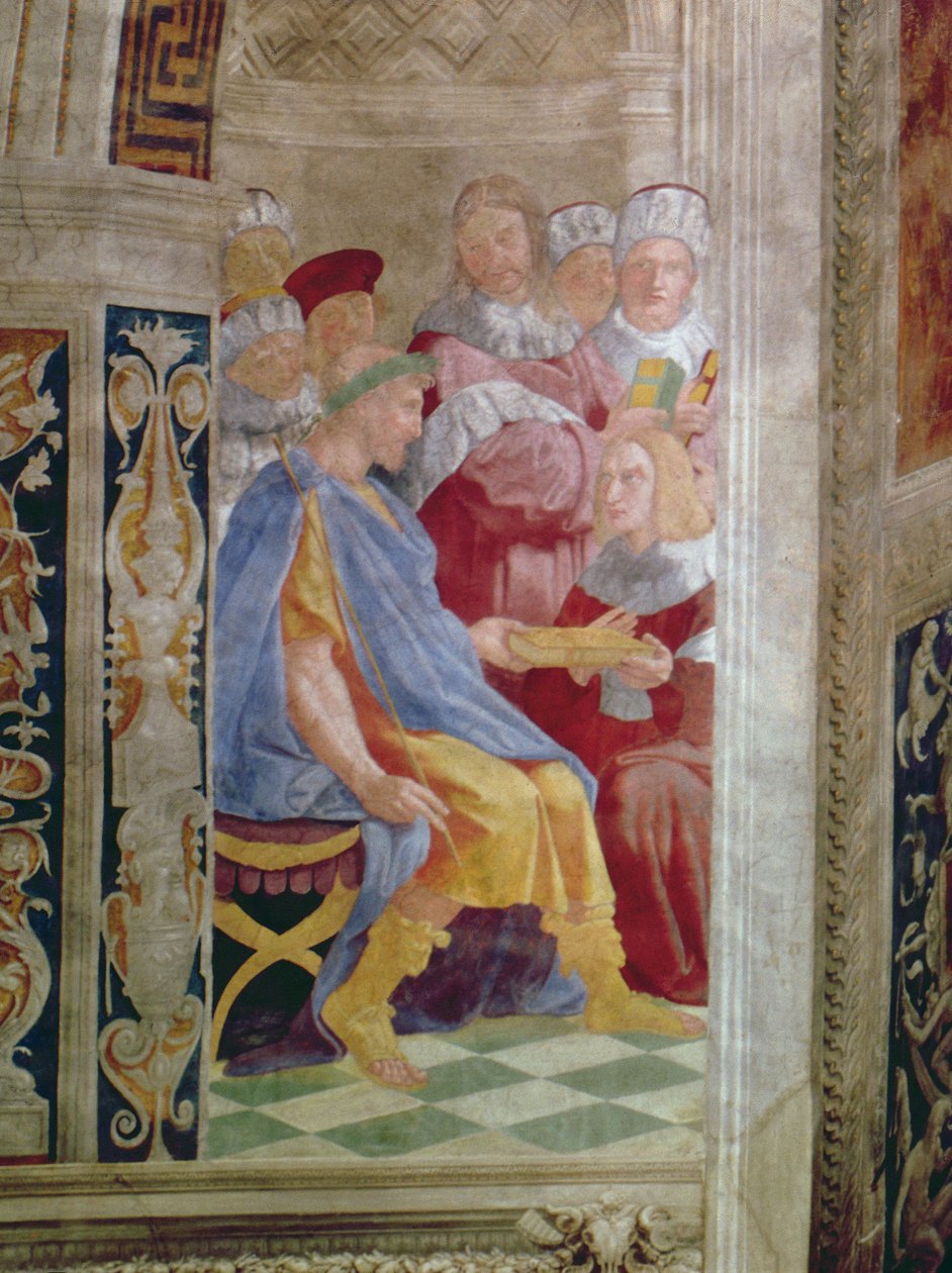 Las Virtudes Judiciales: El Papa Gregorio IX aprobando los Decretales Vaticanos; Justiniano entregando los Pandectas a Treboniano (detalle) de Raffaello Sanzio Raphael