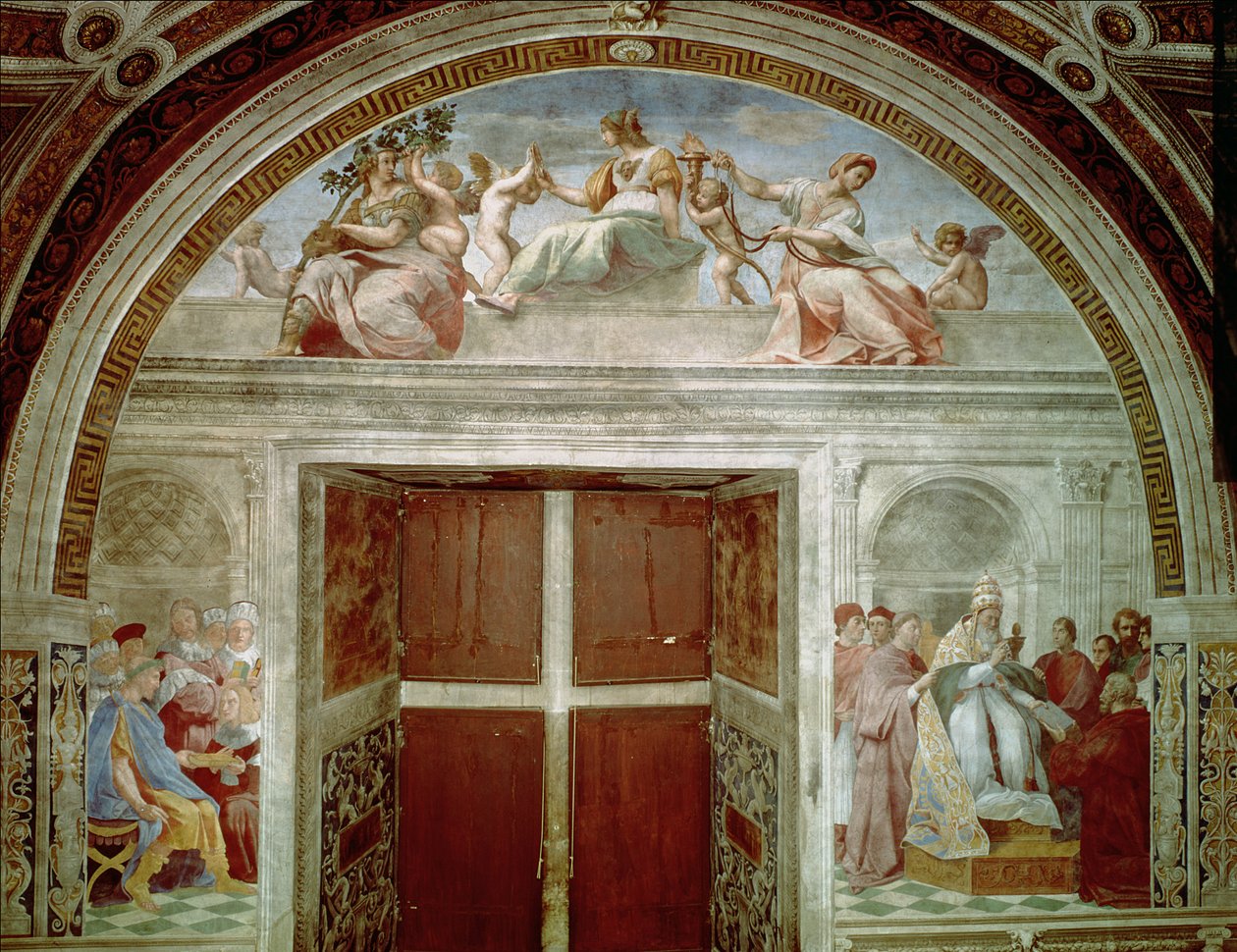 Las virtudes judiciales: el Papa Gregorio IX aprobando los Decretales Vaticanos; Justiniano entregando los Pandectas a Treboniano de Raffaello Sanzio Raphael
