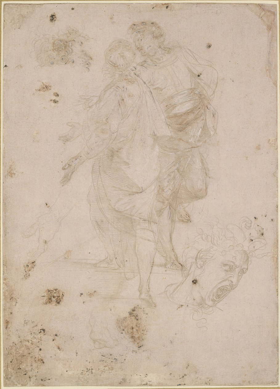 Dos hombres conversando en una escalera y una cabeza gritando de Raffaello Sanzio Raphael