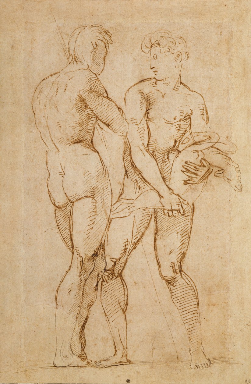 Dos hombres desnudos de pie, uno sosteniendo un cordero de Raffaello Sanzio Raphael