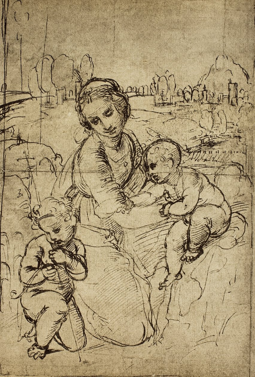 Madonna y el Niño y San Juan (niño), dibujo de Rafael. Gabinetto dei Disegni e Stampe, Galería Uffizi, Florencia de Raffaello Sanzio Raphael