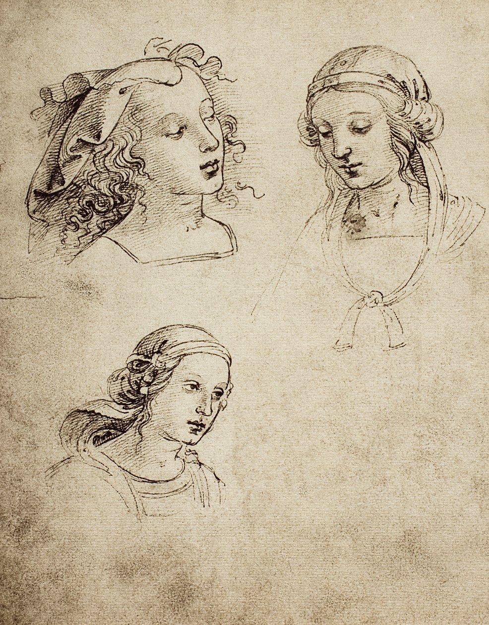 Estudio para tres cabezas femeninas de Raffaello Sanzio Raphael
