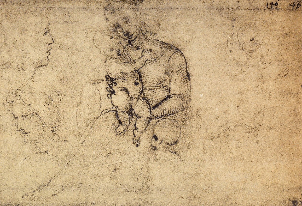 Estudio de la Madonna con Niño; dibujo de Rafael, El Louvre, París de Raffaello Sanzio Raphael