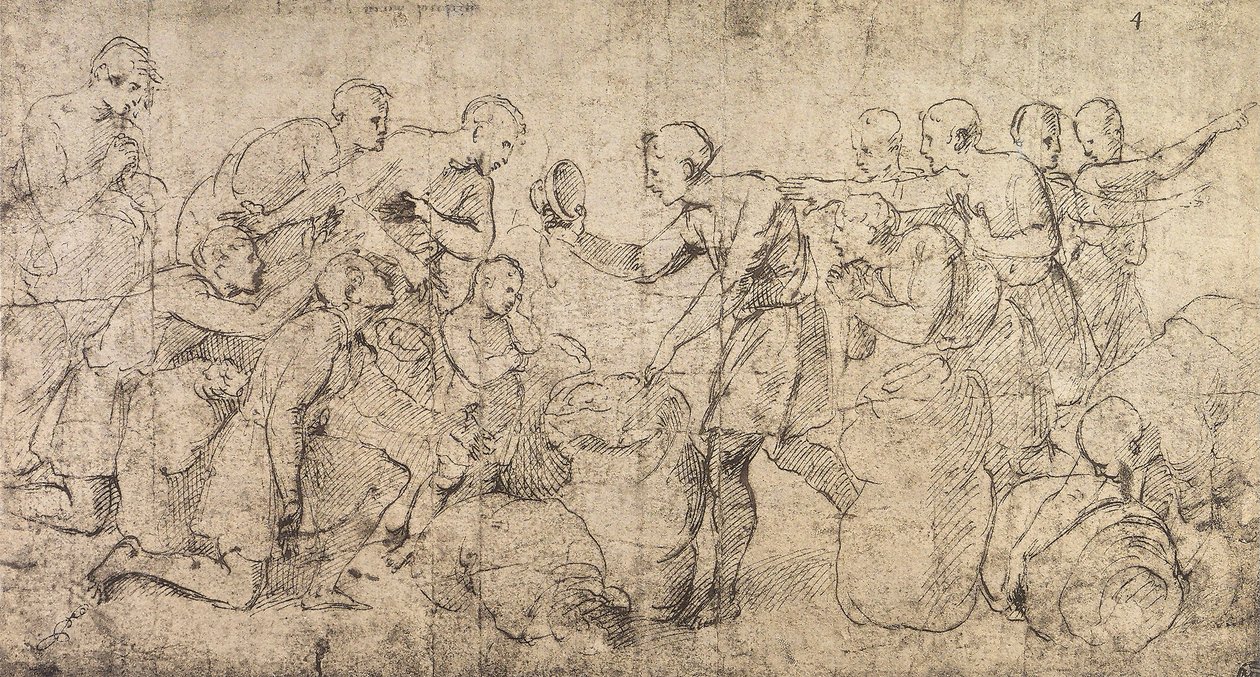 La copa de José encontrada en el saco de Benjamín; dibujo de Rafael en el Museo del Louvre en París de Raffaello Sanzio Raphael