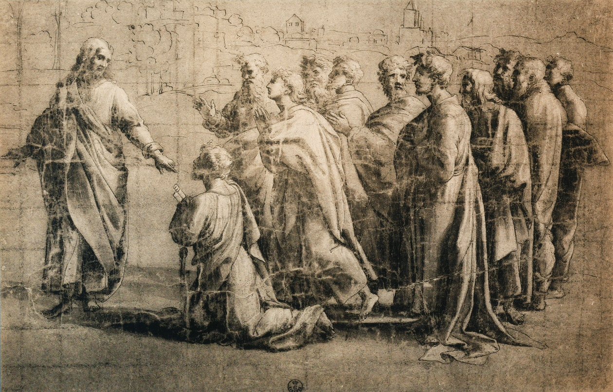 Cristo entregando las llaves a San Pedro; dibujo de la Escuela de Rafael. Gabinetto dei Disegni e delle Stampe, Uffizi, Florencia de School of Raphael