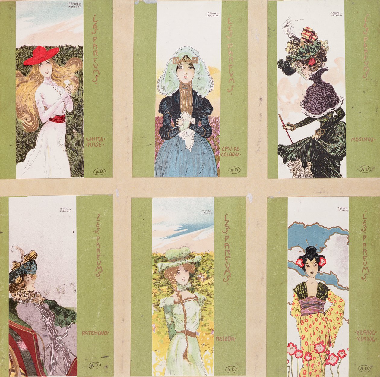 Selección de postales con representaciones alegóricas de perfumes de Raphael Kirchner