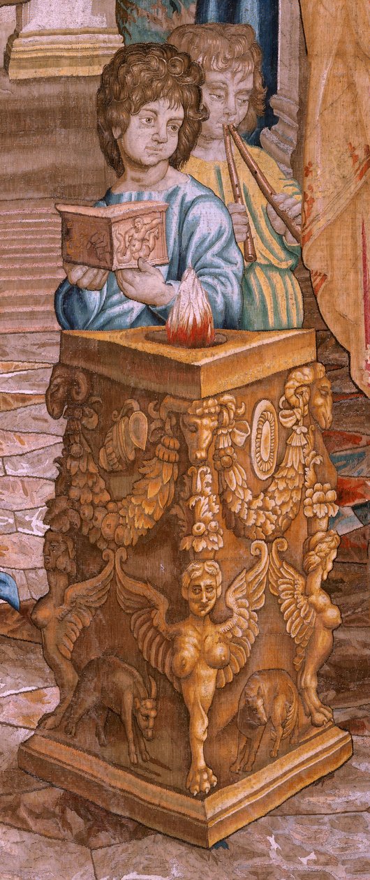 Tapiz flamenco. Serie Los Hechos de los Apóstoles. San Pablo y San Bernabé en Listra (San Pablo y San Bernabé en Listra). Octavo paño de la serie, se partió en dos para adaptarlo a la estancia. Modelo Caricatura de Rafael Sanzio. 1519. Manufactura Jan Raes de Raphael