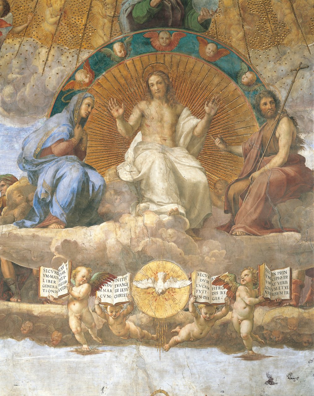 Cristo flanqueado por la Santísima Virgen María y Juan el Bautista, detalle de la Disputa del Sacramento de Raphael