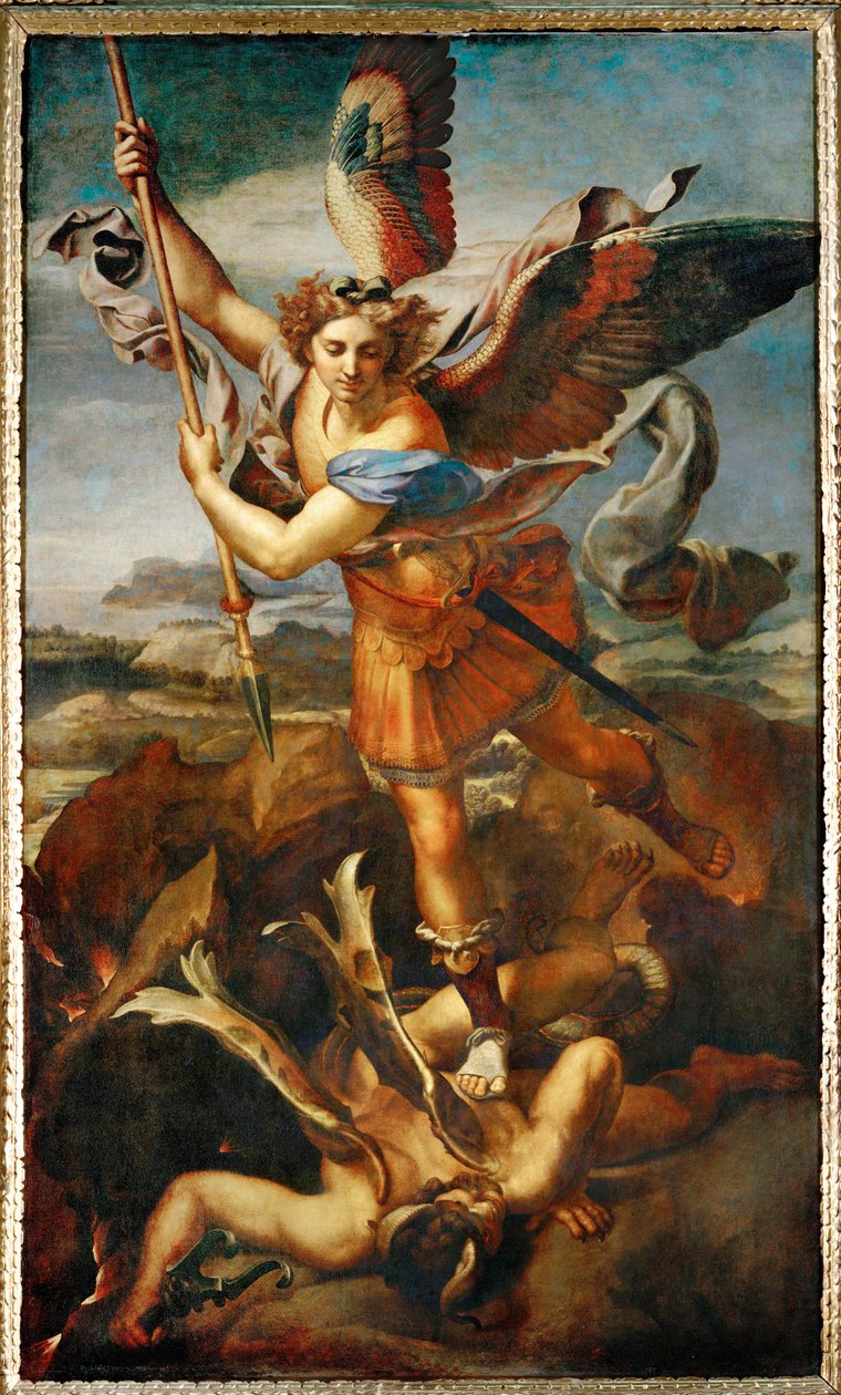 El arcángel Miguel matando al demonio ... de Raphael (1483 1520)