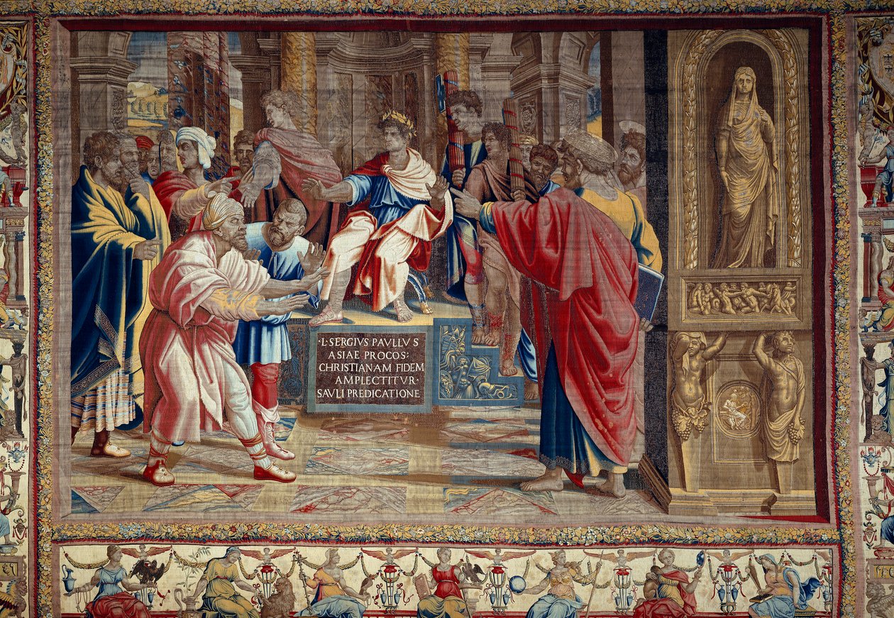 Vida del apóstol Pedro y Pablo: “el castigo de Barjesu (Elymas) mago judío que se opuso a Pablo y quedó temporalmente ciego”. La escena tiene lugar frente al procónsul romano Lucio Sergio Paulo y San Bernabé. Puedes ver la inscripción i de after Raphael
