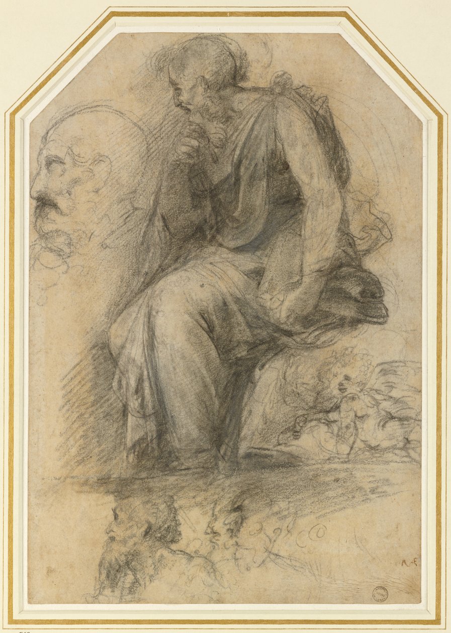 Un santo varón, sentado (San Pablo): Estudio para la Disputa, WA1846.189 (carboncillo con realce blanco) de Raphael