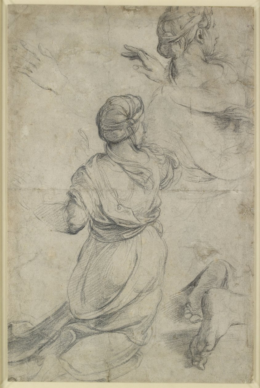 Recto: Estudios para dos mujeres arrodilladas, WA1846.198 (tiza negra) de Raphael
