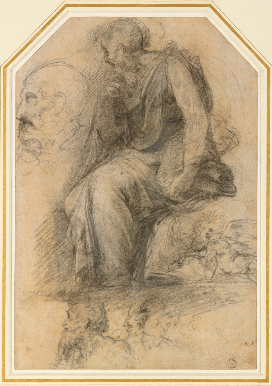Un Santo masculino, sentado Estudio para la Disputa, siglo XVI de Raphael