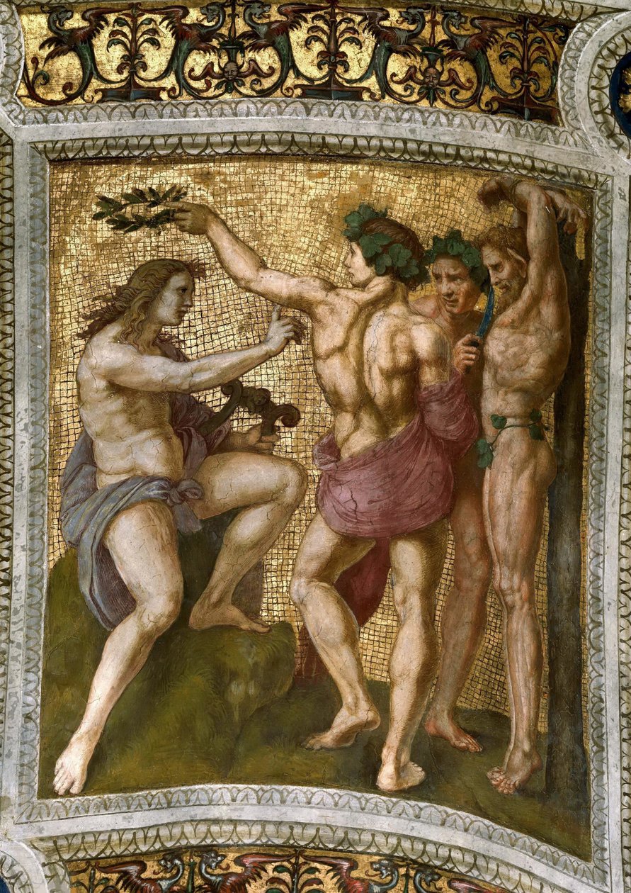 Marsias y Apolo. Fresco en el techo de la Stanza della Segnatura, ca 1510-1511 de Raphael