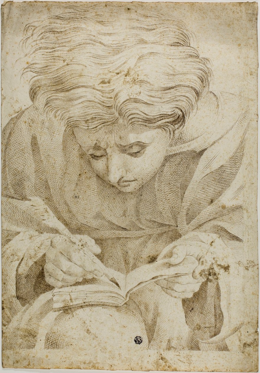 Joven sentado escribiendo en un libro de Raphael