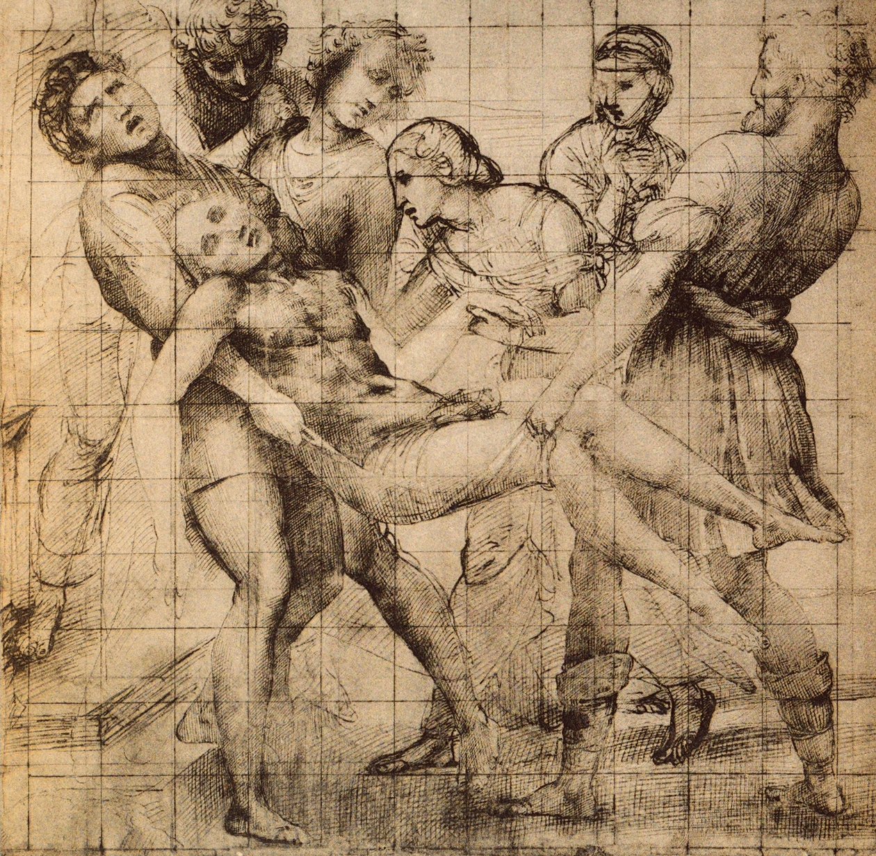Dibujo preparatorio para el Transporte de Cristo Muerto, también conocido como la pala Baglioni de Raffaello Sanzio Raphael