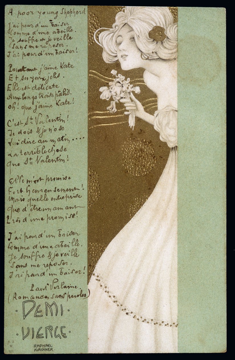 Media virgen y poema de Paul Verlaine - postal, por Raphael Kirchner (1876-1917), principios del siglo XX de Raphael Kirchner