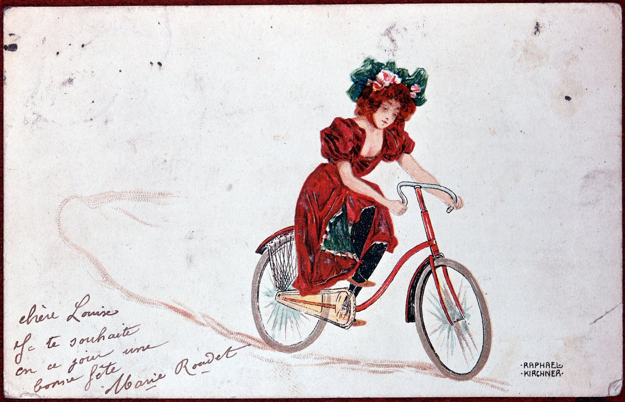 Postal de una mujer en bicicleta - ilustración de R. Kirchner, c.1900 de Raphael Kirchner