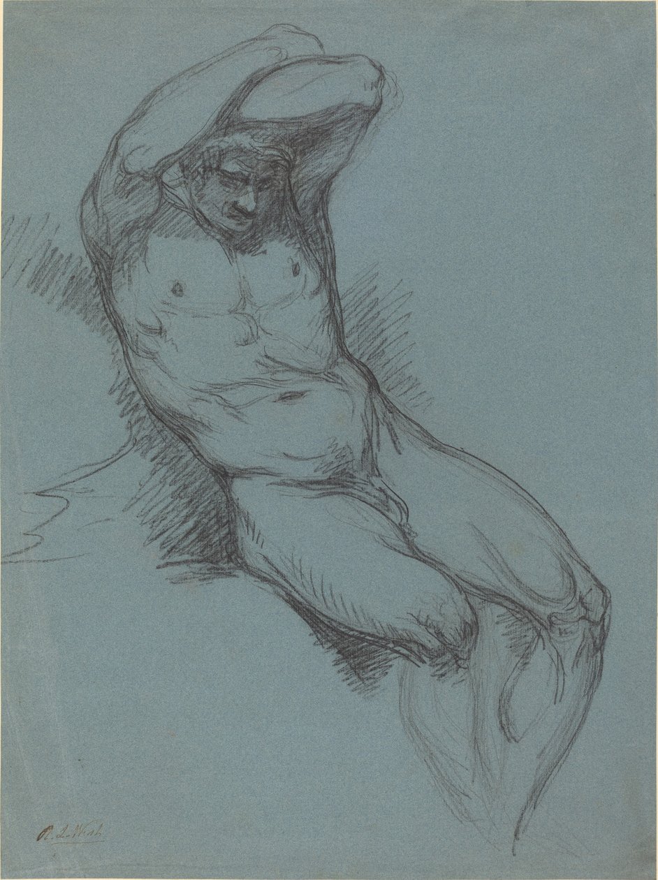 Desnudo masculino sentado con las manos cruzadas sobre la cabeza de Raphael Lamar West