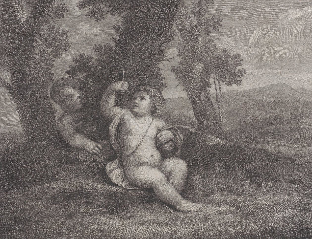 El infante Baco sentado bajo un árbol, levantando una copa de vino, con otro infante detrás, 1780 de Raphael Morghen