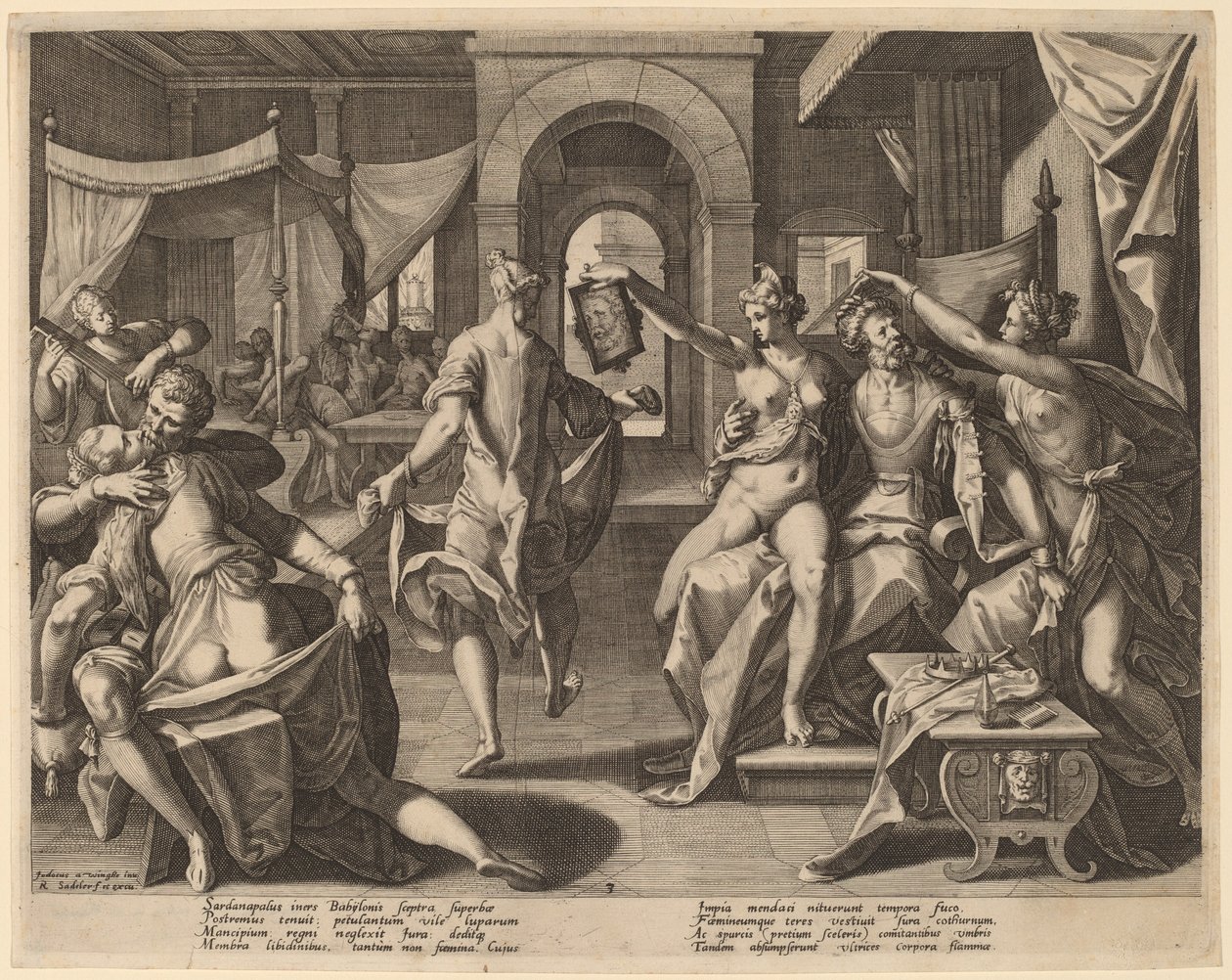 Sardanápalo entre las Concubinas de Raphael Sadeler I after Joos van Winghe