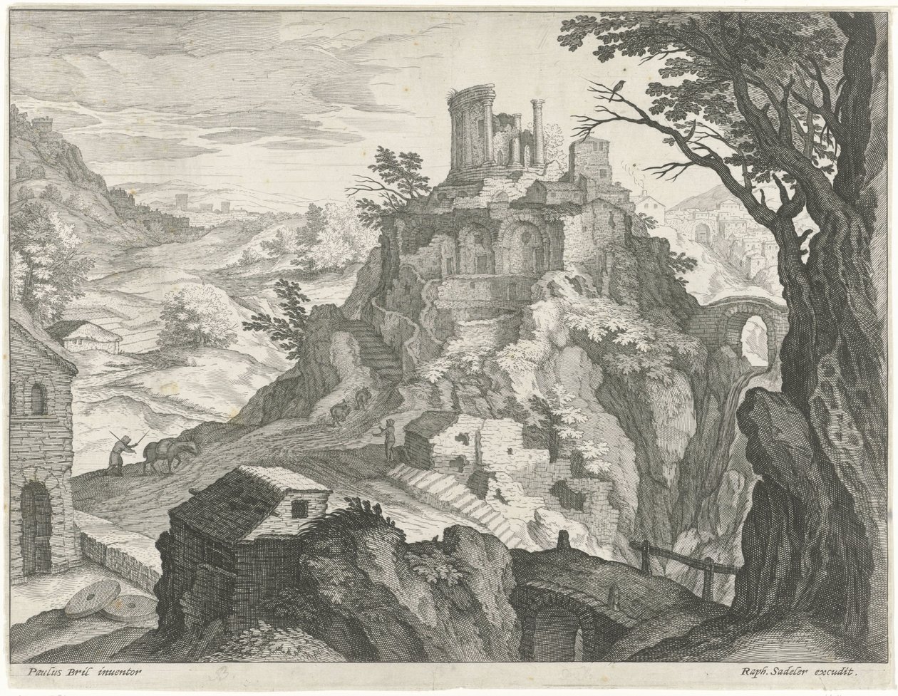 Paisaje con el Templo de Vesta en Tivoli de Raphaël Sadeler (I) (attributed to)