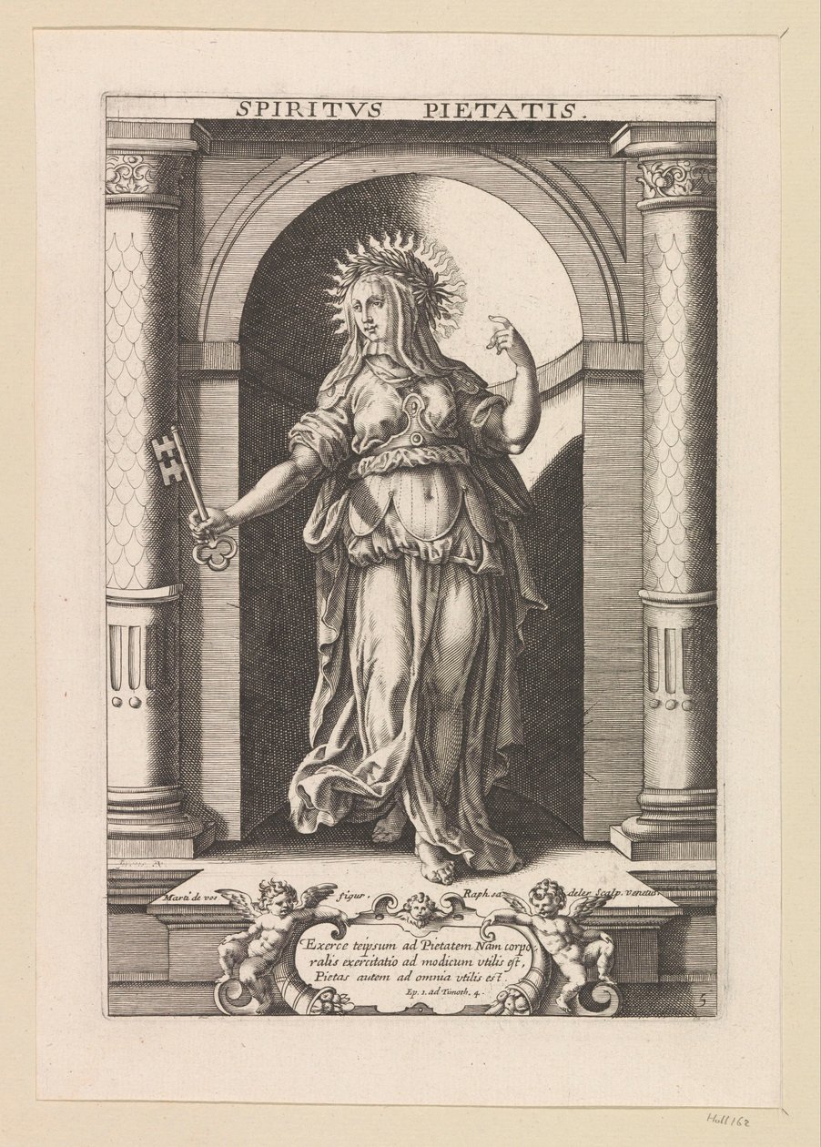 Don de la Religión Spiritvs Pietatis (título sobre el objeto) Siete dones del Espíritu Santo (título de la serie) de Raphaël Sadeler (I)