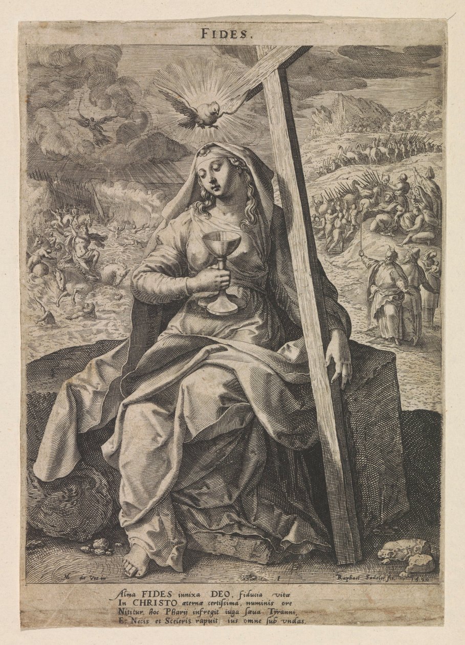 Creer Fides (título sobre objeto) Seis virtudes cristianas (título de la serie) de Raphaël Sadeler (I)