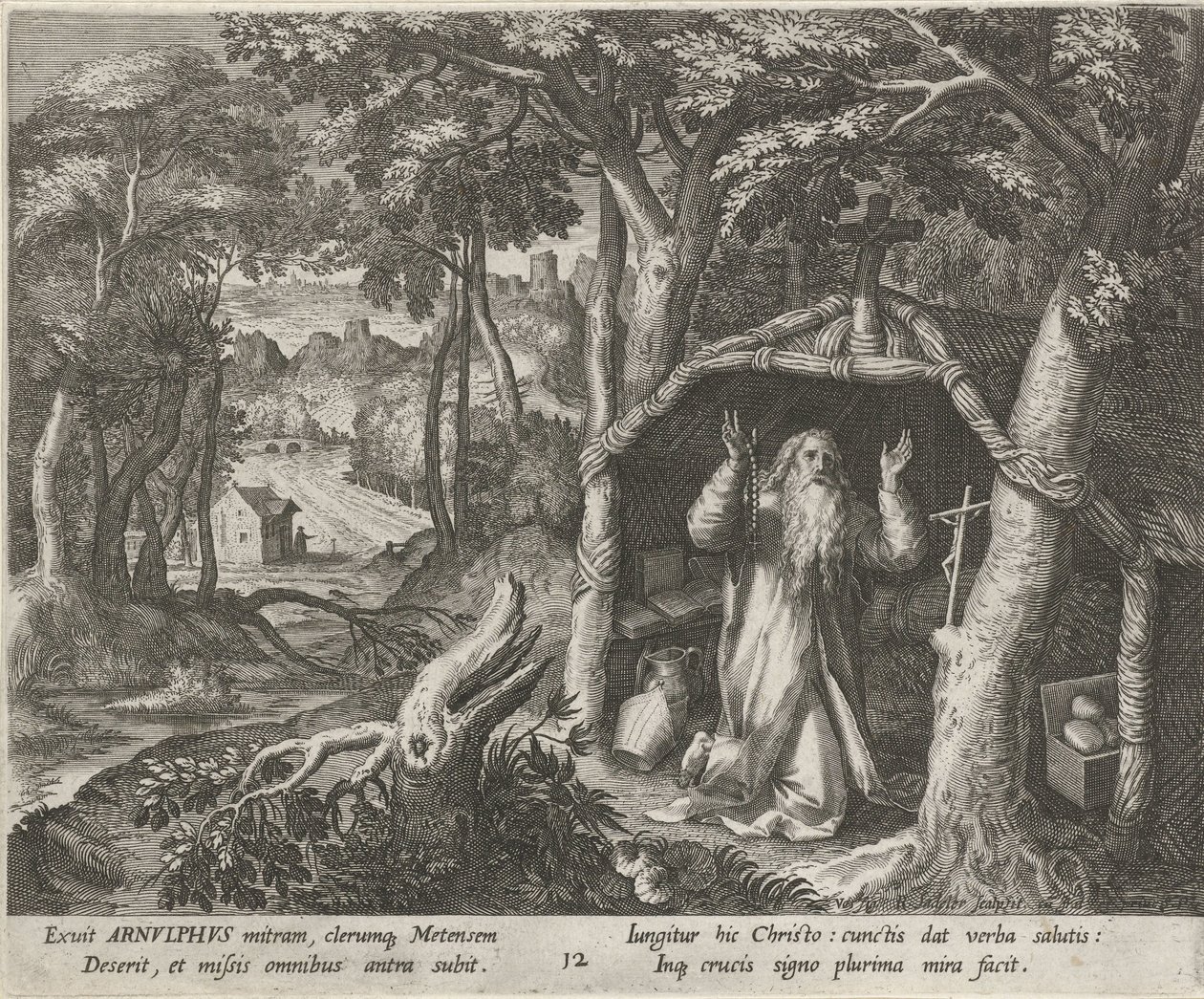 San Arnoldo de Metz como ermitaño La vida virtuosa de los ermitaños (título de la serie) Trophaeum vitae solitariae (título de la serie) de Raphaël Sadeler (I)